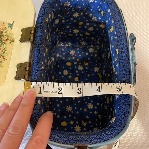 Vintage women’s  basket purse handbag unique handmade floral brown blue white - Picture 10 of 11